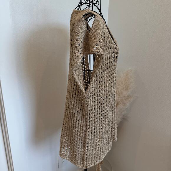 Italian Gold Woven Metallic Knit Pullover Cold Shoulder Tunic Cover-Up Top Dress - Picture 2 of 9